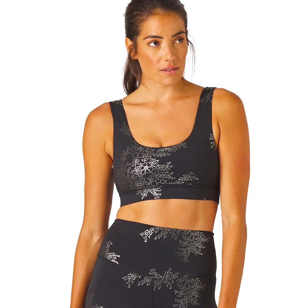 GLYDER Splendid Sports Bra Black & Silver Metallic Foil Gloss Lace Print Gym Top